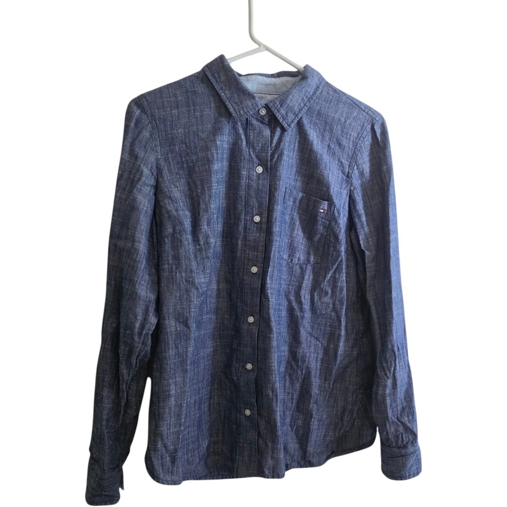 Tommy Hilfiger Chambray Roll-Tab Sleeve Button-Down Shirt Women's SM Blue